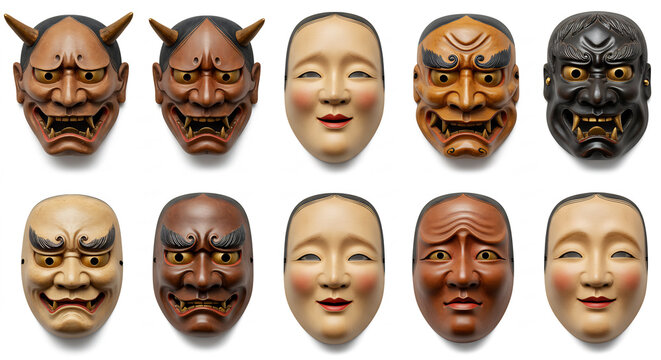Diverse collection of traditional Japanese theatrical masks brightly lit showcasing intricate cultural artistry. AI Generated