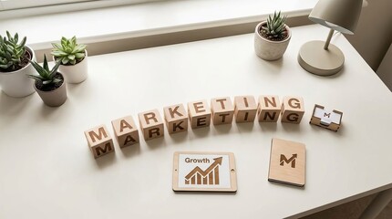 Wooden cubes spelling 'Marketing' on modern desk, branding elements, professional business concept