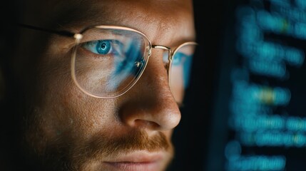 man is looking at a computer screen with a blue screen that has a lot of code on it the man is wearing glasses and he is focused on the screen  