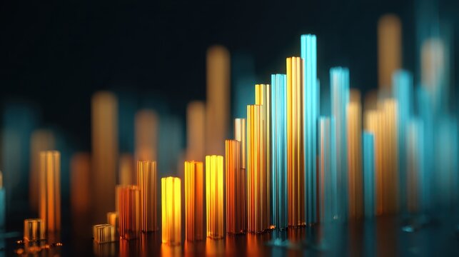 3d abstract financial bar chart with glowing data visualization on blue background   - Powered by Adobe