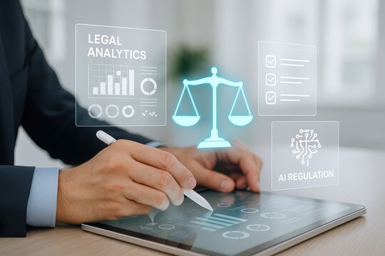 Navigating Digital Jurisprudence: A legal professional engages with intricate data visualizations representing the core tenets of law.