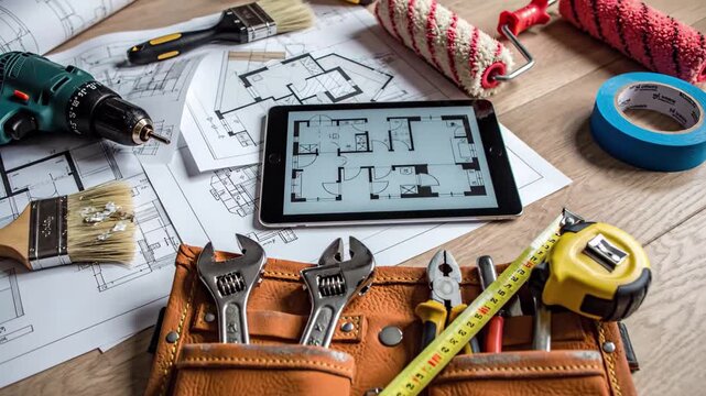 Construction and renovation tools laid out with blueprints and tablet displaying floor plan on wooden surface, 4k - Powered by Adobe
