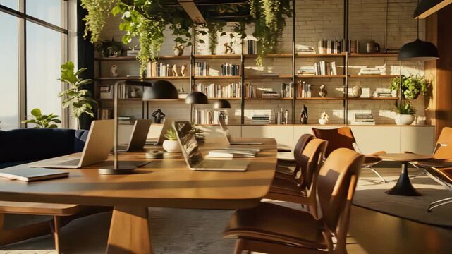 Bright modern open-plan office interior with wooden table, laptops, and hanging green plants