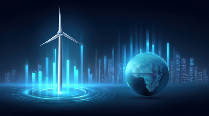 Clean wind turbine generating energy near digital globe and futuristic city skyline glowing blue
