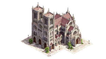 Isometric gothic cathedral church exterior detailed architectural illustration medieval stone building perspective view high detail isolated on white background