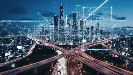 Futuristic cityscape at night with complex highway interchange and digital connectivity overlay, 4k - Powered by Adobe