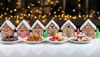 Charming Gingerbread Houses Lined Up with Festive Candies and Cookies.