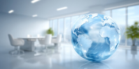 Global business concept globe in modern office energy inspiring blue world