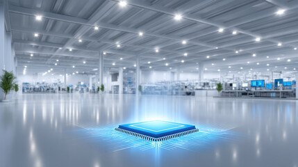 Fototapeta premium Glowing energy microchip on reflective factory floor emitting blue light and futuristic glow