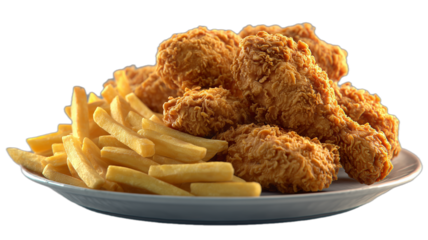 A delicious plate of crispy fried chicken and french fries. The chicken pieces have a golden-brown, crunchy exterior, while the fries are perfectly golden and inviting