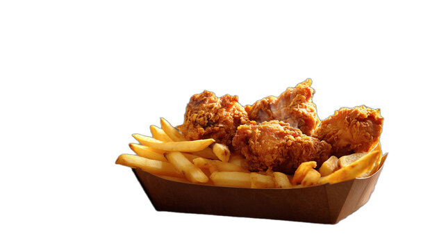 A delightful fast food combo featuring fried chicken and french fries, a tempting and appetizing meal