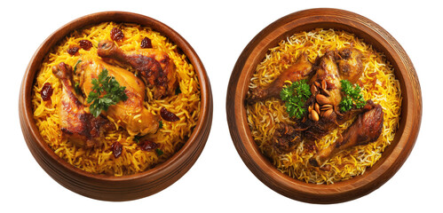 Set of Kabsa bowl spiced biryani with lamb or chicken, rice, nuts and raisins in wooden bowl, isolated on white. Arabic cuisine