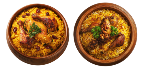 Set of Kabsa bowl spiced biryani with lamb or chicken, rice, nuts and raisins in wooden bowl, isolated on white. Arabic cuisine