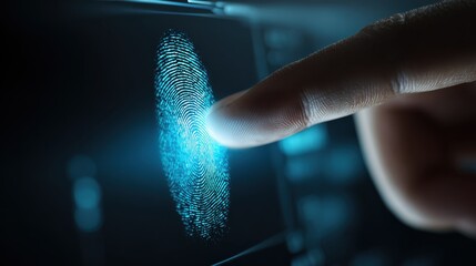 a finger pressing a glowing blue fingerprint scan on a hightech digital screen concept biometric security futuristic interface glowing blue ui fingerprint scan hightech screen  