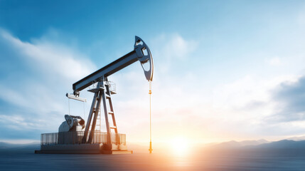 Energy soaked oil pump jack at sunrise in open field with soft sky and distant hills