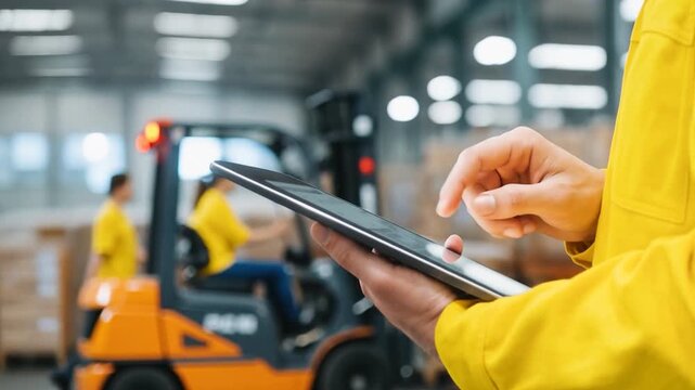 Worker in high visibility vest use tablet in a warehouse. Smart warehouse management system with worker using digital tablet in modern storage facility, advanced inventory control and logistics.