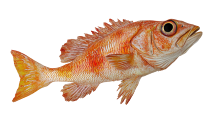 A fish with orange and yellow stripes is swimming in the water, isolated on a transparent background