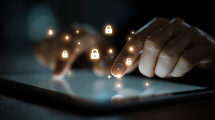 a close up of hands typing on a tablet with glowing padlock icons hovering above symbolizing cybersecurity privacy and digital protection in a dim tech focused setting 