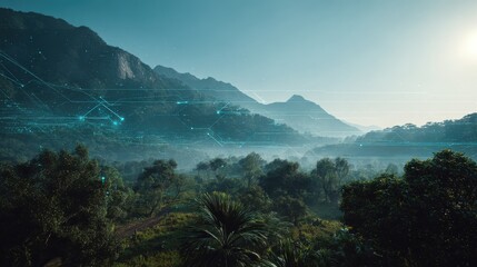 explore a serene digital landscape where lush vegetation thrives under the watchful eye of glowing firewalls and advanced cybersecurity systems this image portrays a futuristic fusion of nature and