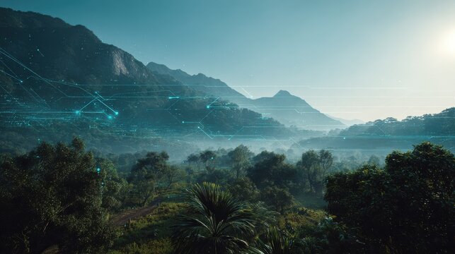 explore a serene digital landscape where lush vegetation thrives under the watchful eye of glowing firewalls and advanced cybersecurity systems this image portrays a futuristic fusion of nature and   - Powered by Adobe