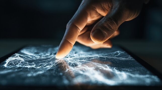 a hand is touching a glowing digital map displayed above a tablet set against a dark background representing technology and data visualization   - Powered by Adobe