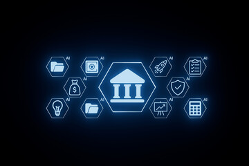 Fototapeta premium Digital icons represent artificial intelligence applications in finance and banking, showcasing technology impacting various sectors