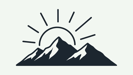 Clean line art logo design featuring majestic mountain peaks silhouetted against a radiant sunrise, symbolizing new beginnings and exploration
