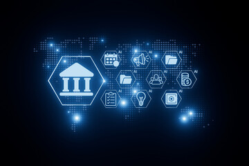 Fototapeta premium Digital icons represent financial services and activities with a world map background showing global connections through technology
