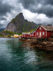Fototapeta premium fishing village reine lofoten norway summer cloudy panorama