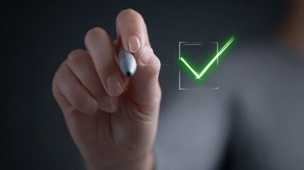 womans hand using stylus to select a green checkmark on a digital interface image photo 