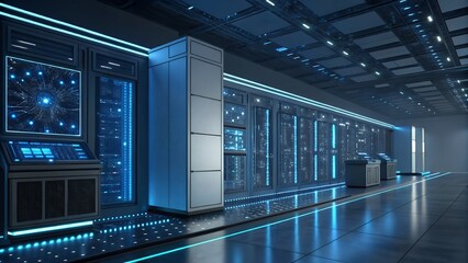 Futuristic data center with glowing network lines, high-tech servers, digital infrastructure, interconnected systems, advanced computing environment, AI Generated