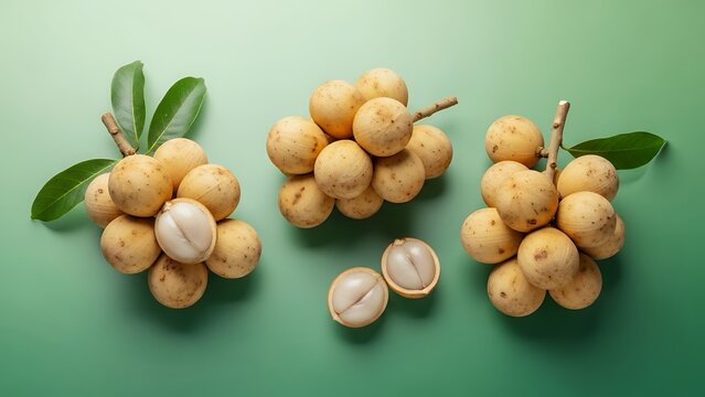 Fresh Duku Langsat Tropical Fruit with Green Leaves on a Vibrant Green Background.