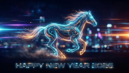 Neon Digital Horse Running with Happy New Year 2026 Text