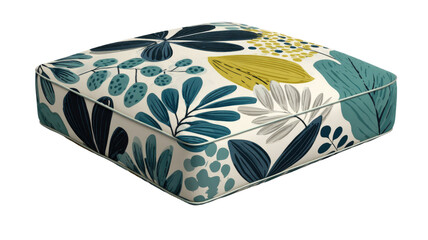 Square floral patterned seat cushion pillow with botanical leaves fabric upholstery modern home decor isolated on white background