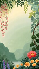 Lush greenery, pink flowers, and a bright orange lotus on a soft green background.