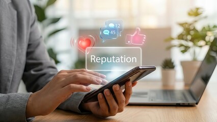 Reputation Management Concept with Person Using Smartphone App