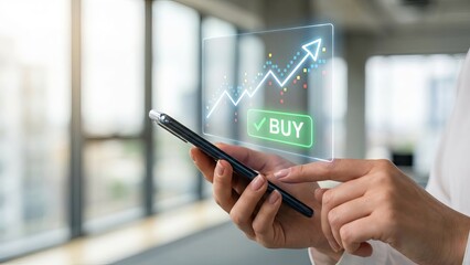 Stock Market Trading App with Buy Button and Rising Chart Hologram