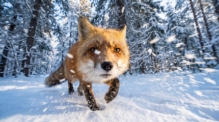 Breathtaking low angle shot of a red fox walking through deep snow in the forest