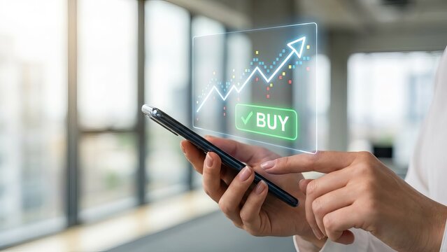 Stock Market Trading App with Buy Button and Rising Chart Hologram - Powered by Adobe