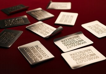 Obraz premium Metallic Asset Tags Displaying Encoded Numbers on a Red Background for High-Tech Identification