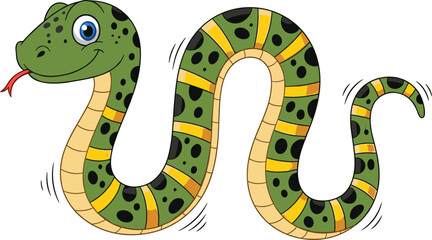 Fototapeta premium Cute Green Snake Cartoon Vector Illustration with Yellow Stripes and Black Spots Isolated on White Background for Kids Nature Design