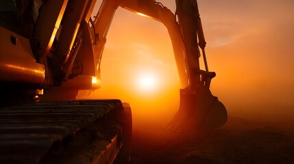 Heavy excavator in dramatic orange sunset or sunrise light creating a powerful hazy industrial scene