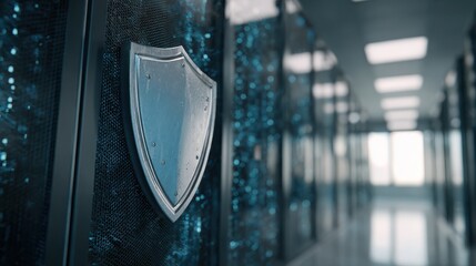 cybersecurity shield protecting data in server room with network connections and data flow  