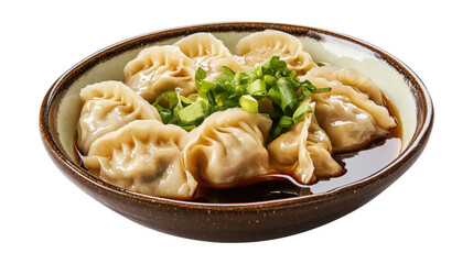 A bowl of dumplings with green onions and sauce, isolated on a transparent background