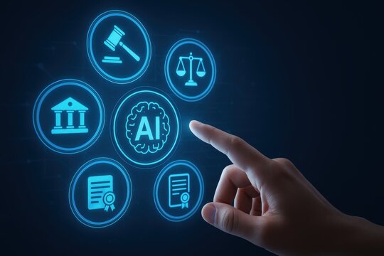 AI and Legal Tech: A digital interface of a hand pointing toward an AI symbol surrounded by legal and judicial icons, representing the intersection of artificial intelligence and law.