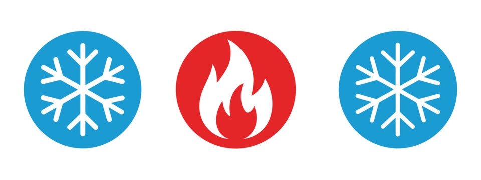 Hot and Cold Icon Vector showing flame and snowflake symbols, heating and cooling signs, refrigerator and boiler icons, flaming and freezing, weather condition illustration