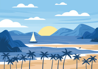 Obraz premium Tranquil tropical bay with sailboat gliding past palm-lined beach at golden hour