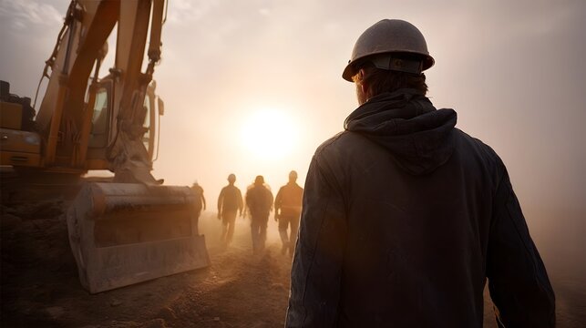 Industrial workers in hard hats walk across a dusty construction site towards a hazy golden sunset with a large excavator preparing for work