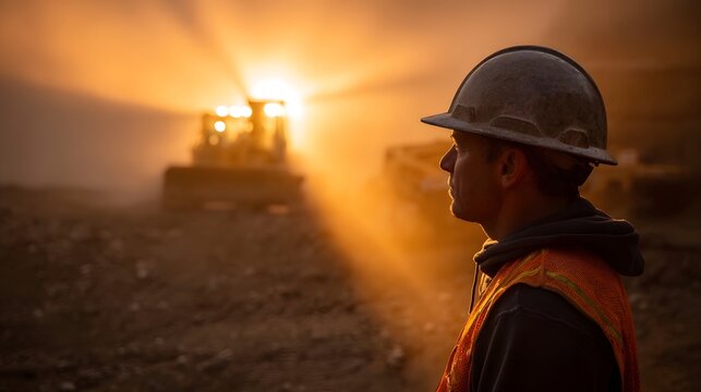 Construction worker observing a bulldozer at sunrise with dramatic sun rays
