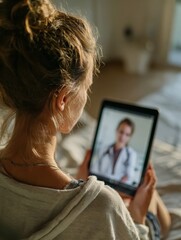 back view of woman making video call with her doctor while staying at home close up of patient in video conferencing with general practitioner on digital tablet sick girl in online consultation
